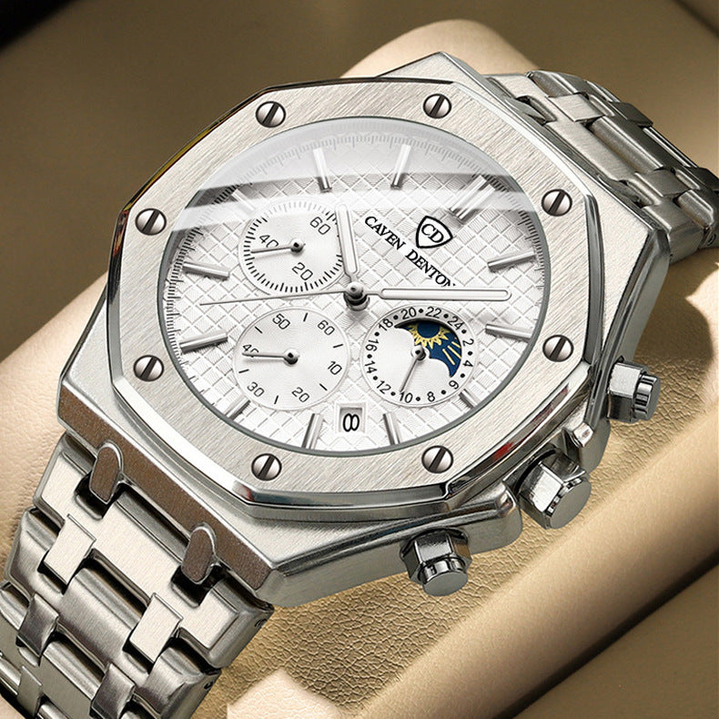 Wasserdichte, hochwertige, multifunktionale Herrenuhr aus Stahl mit Mondphasenanzeige